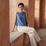 Navy Blue Checks Handspun Cotton Sleeveless Side-Tie Top