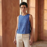 Navy Blue Checks Handspun Cotton Sleeveless Side-Tie Top