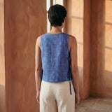 Navy Blue Checks Handspun Cotton Sleeveless Side-Tie Top
