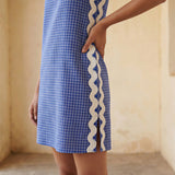 Navy Blue Checks Handspun Cotton Wavy Stripe Short Shift Dress