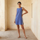 Navy Blue Checks Handspun Cotton Wavy Stripe Short Shift Dress