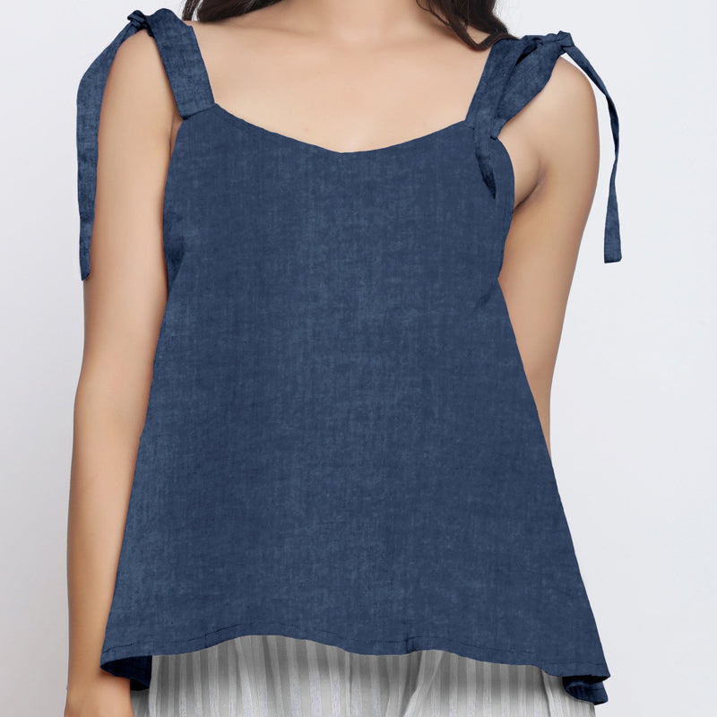 Navy Blue Convertible Cotton Linen Tie-Up Top