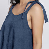 Navy Blue Convertible Cotton Linen Tie-Up Top
