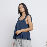Navy Blue Convertible Cotton Linen Tie-Up Top