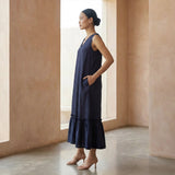 Navy Blue Cotton Flax A-Line V-Neck Sleeveless Maxi Tier Dress