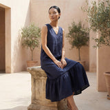 Navy Blue Cotton Flax A-Line V-Neck Sleeveless Maxi Tier Dress