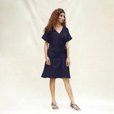 Navy Blue Cotton Flax A-Line Knee Length Wrap Dress