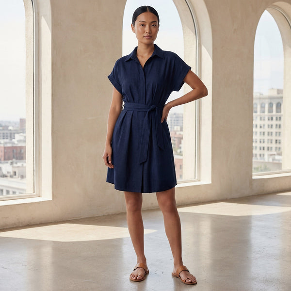 navy a line mini dress Navy Blue Cotton Flax A-Line Short Dress with Belt Custom Size (Free) / Regular (5'2