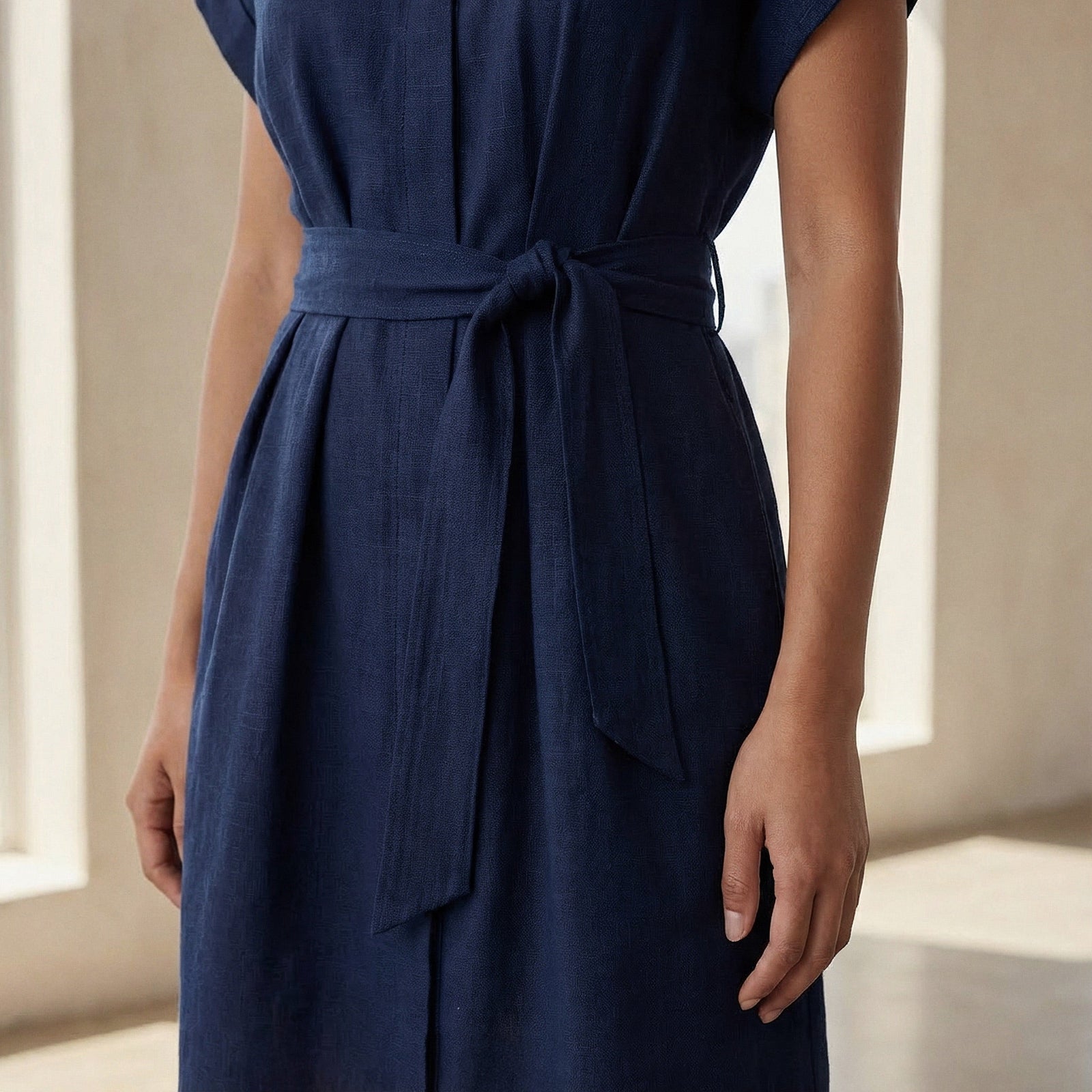 Navy Blue Cotton Flax A-Line Short Dress with Belt Custom Size (Free) / Regular (5'2