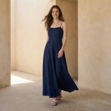 Navy Blue Cotton Flax Ankle Length Flared Sundress