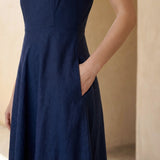 Navy Blue Cotton Flax Ankle Length Flared Sundress
