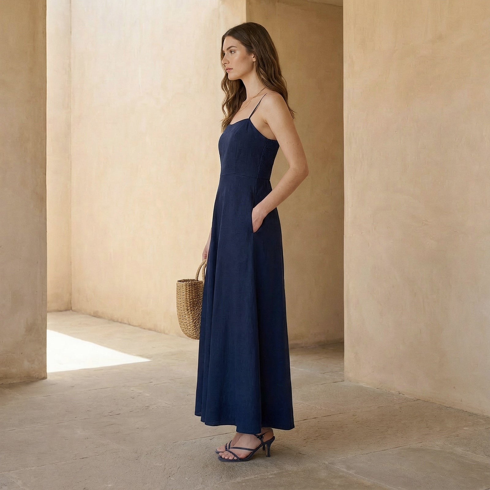Navy Blue Cotton Flax Ankle Length Flared Sundress 58