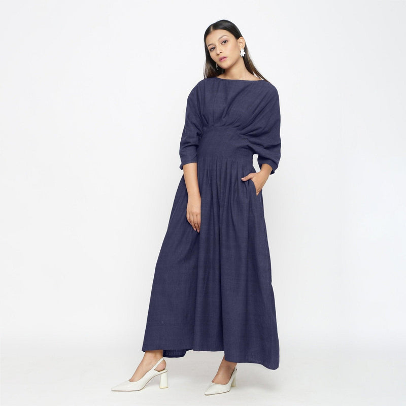 Buy Navy Blue Cotton Flax Ankle Length Pleated Flared Dress Online at SeamsFriendly