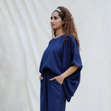 Left View of a Model wearing Navy Blue Cotton Flax Short Kaftan Top