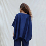 Back View of a Model wearing Navy Blue Cotton Flax Short Kaftan Top