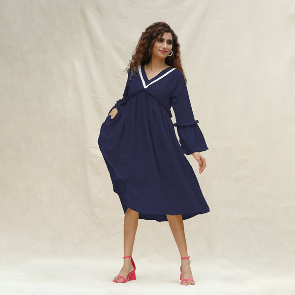 Navy Blue Cotton Flax Bohemian Midi Dress