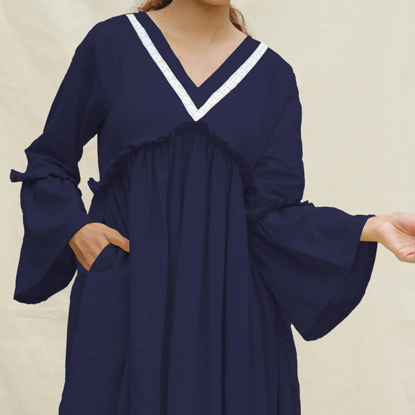Navy Blue Cotton Flax Bohemian Midi Dress