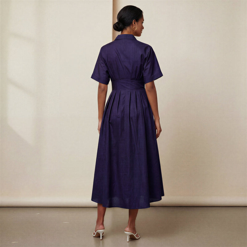 Navy Blue Cotton Flax Button-Down Pleated Midi Dress