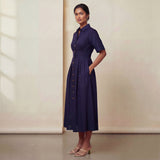 Navy Blue Cotton Flax Button-Down Pleated Midi Dress