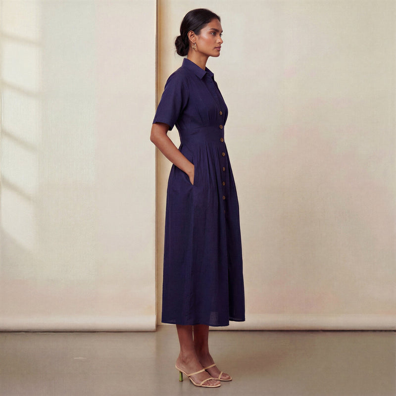 Navy Blue Cotton Flax Button-Down Pleated Midi Dress