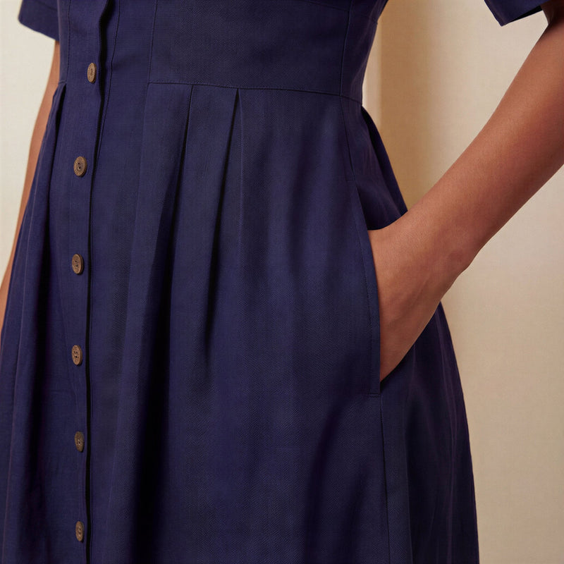 Navy Blue Cotton Flax Button-Down Pleated Midi Dress