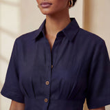 Navy Blue Cotton Flax Button-Down Pleated Midi Dress