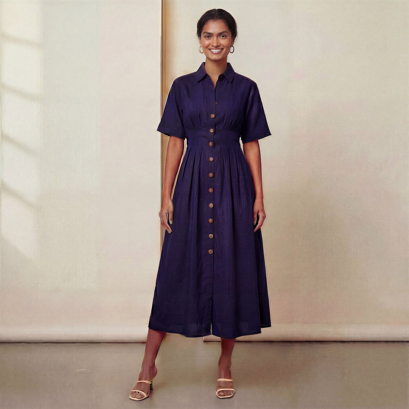 Navy Blue Cotton Flax Button-Down Pleated Midi Dress