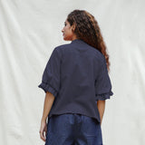 Navy Blue Cotton Flax Button-Down Shirt