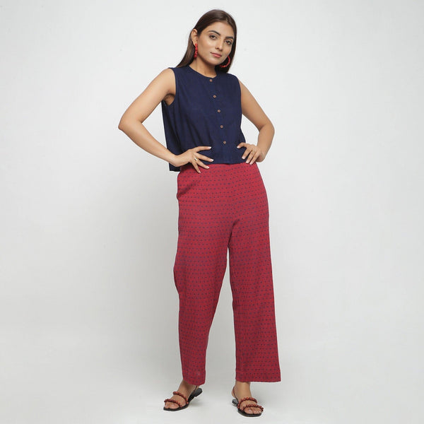 Front View of a Model wearing Navy Blue Cotton Flax Button-Down Top