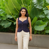 Navy Blue Cotton Flax Button-Down Sweetheart Neck Waistcoat