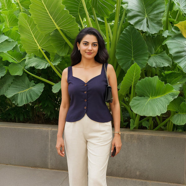 Navy Blue Cotton Flax Button-Down Sweetheart Neck Waistcoat