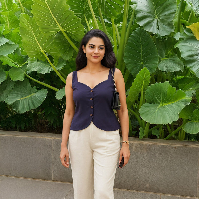 Navy Blue Cotton Flax Button-Down Sweetheart Neck Waistcoat
