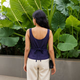 Navy Blue Cotton Flax Button-Down Sweetheart Neck Waistcoat