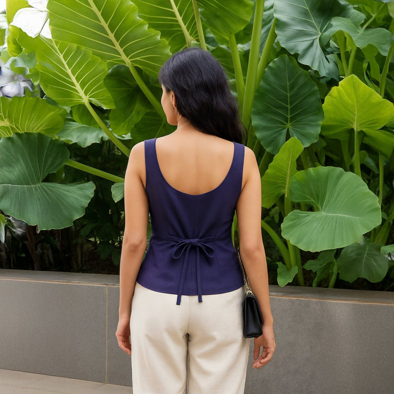 Navy Blue Cotton Flax Button-Down Sweetheart Neck Waistcoat