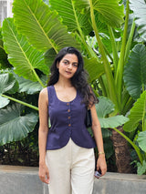 Navy Blue Cotton Flax Button-Down Waistcoat