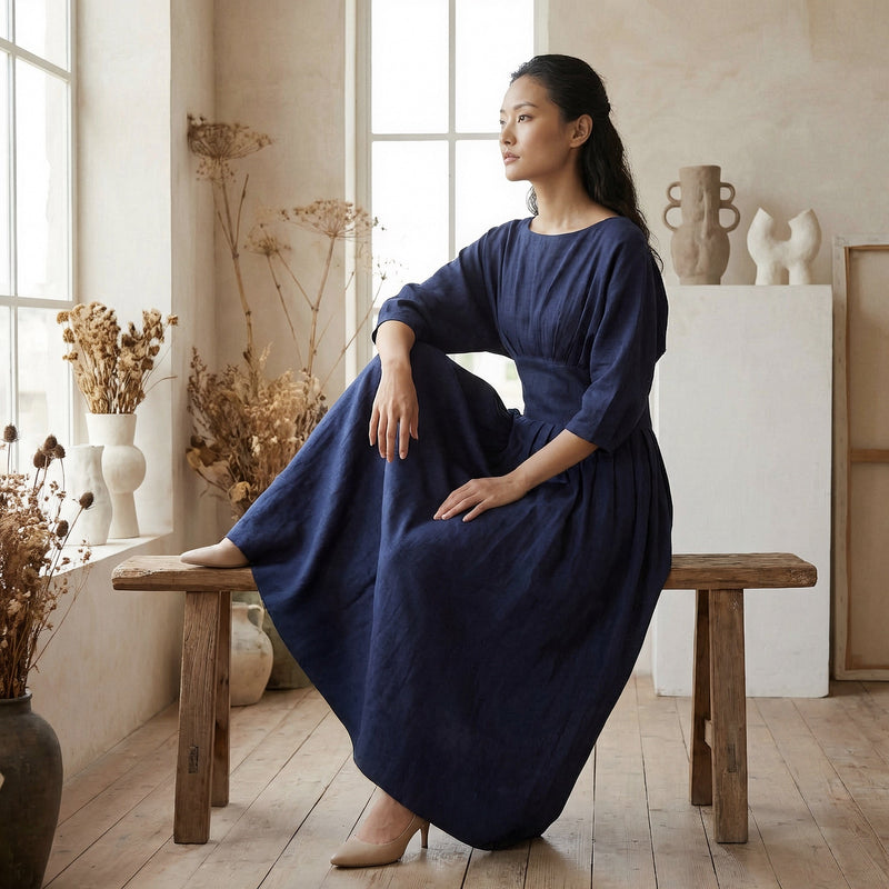 cotton cinched waist dress Brown Cotton-Linen Cinched Waist Flared Maxi Dress 68" / Tall (5'7" and above)