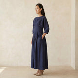 Navy Blue Cotton Flax Cinched Waist Flared Maxi Dress