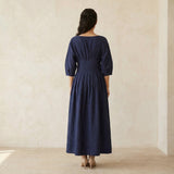 Navy Blue Cotton Flax Cinched Waist Flared Maxi Dress