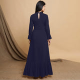 Navy Blue Cotton Flax Crew Neck Floor Length Tier Dress