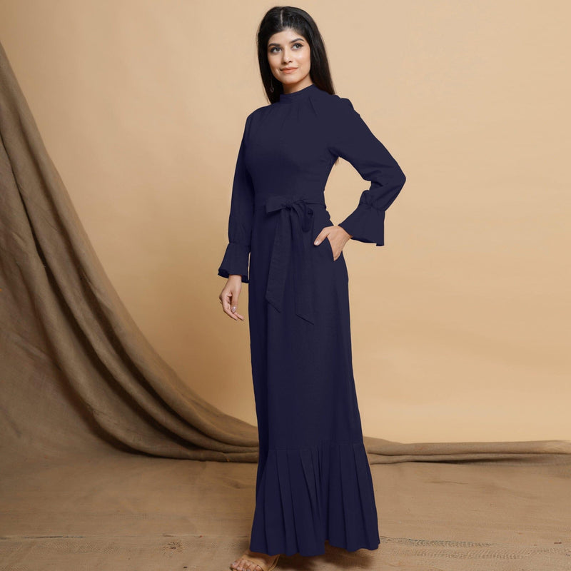 Navy Blue Cotton Flax Crew Neck Floor Length Tier Dress