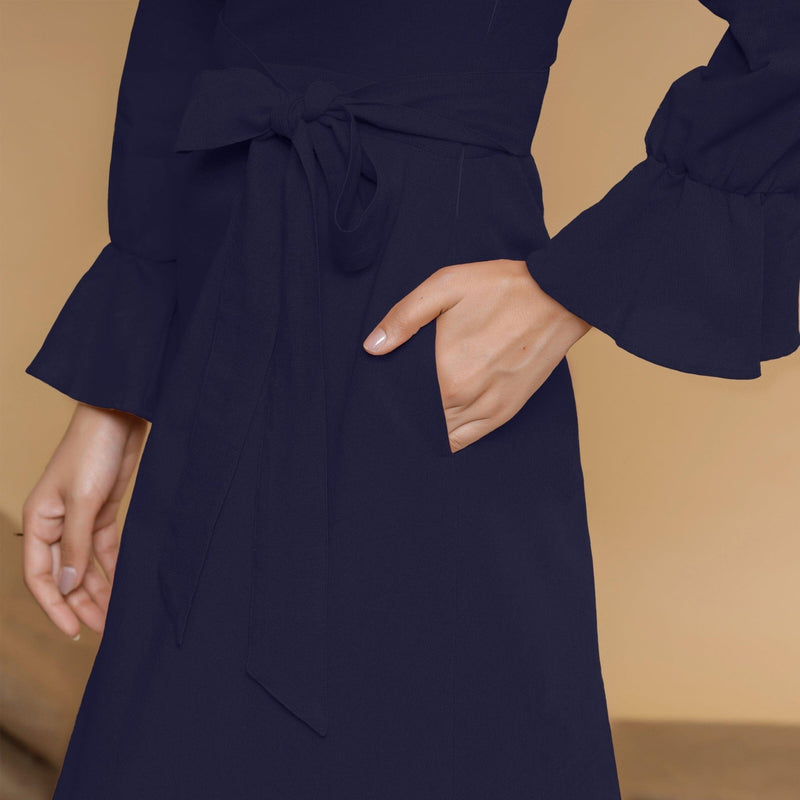 Navy Blue Cotton Flax Crew Neck Floor Length Tier Dress