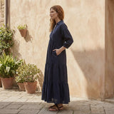 Navy Blue Cotton Flax Deep-V Maxi Tier Dress