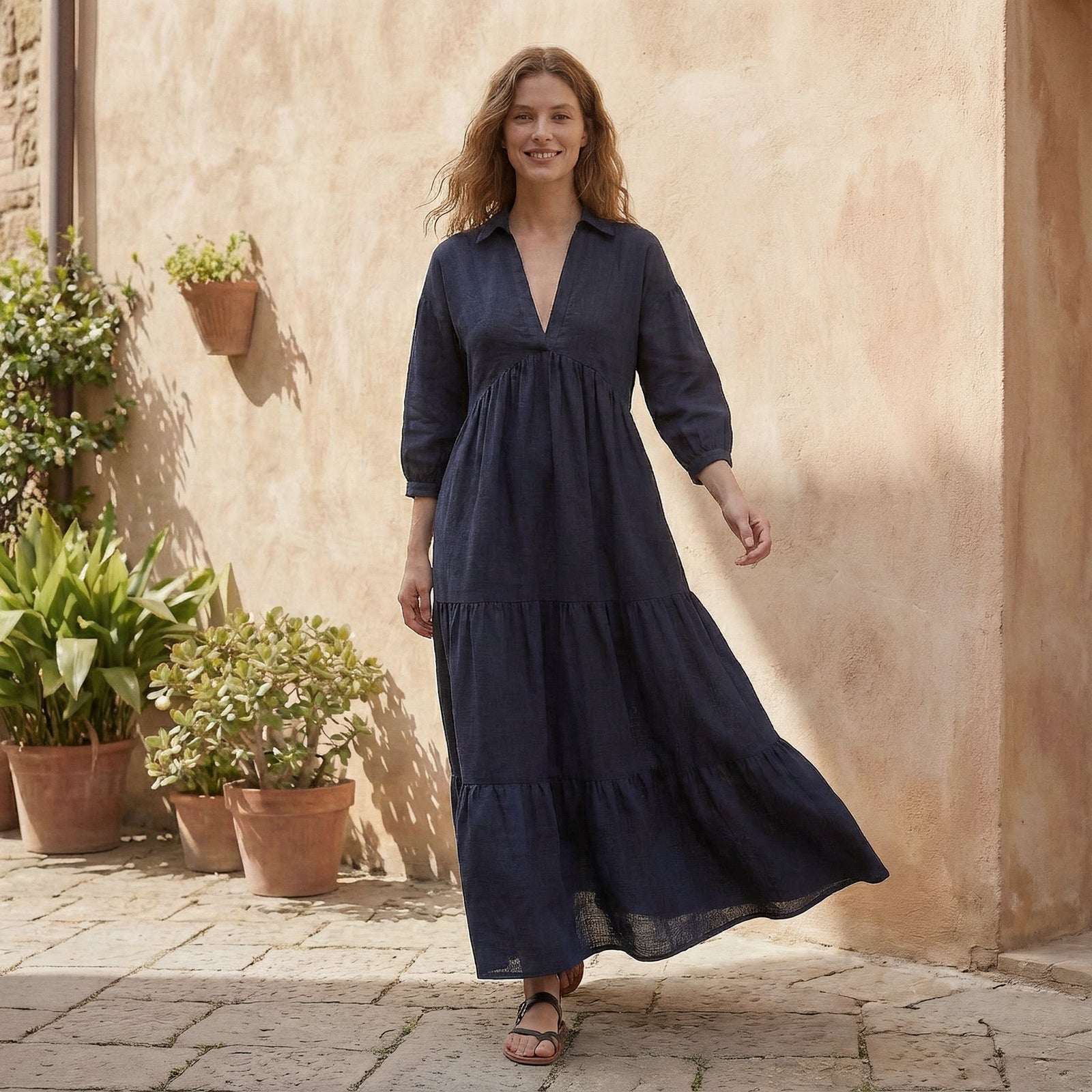 knee length dresses for ladies Navy Blue Cotton Flax Deep-V Maxi Tier Dress 66
