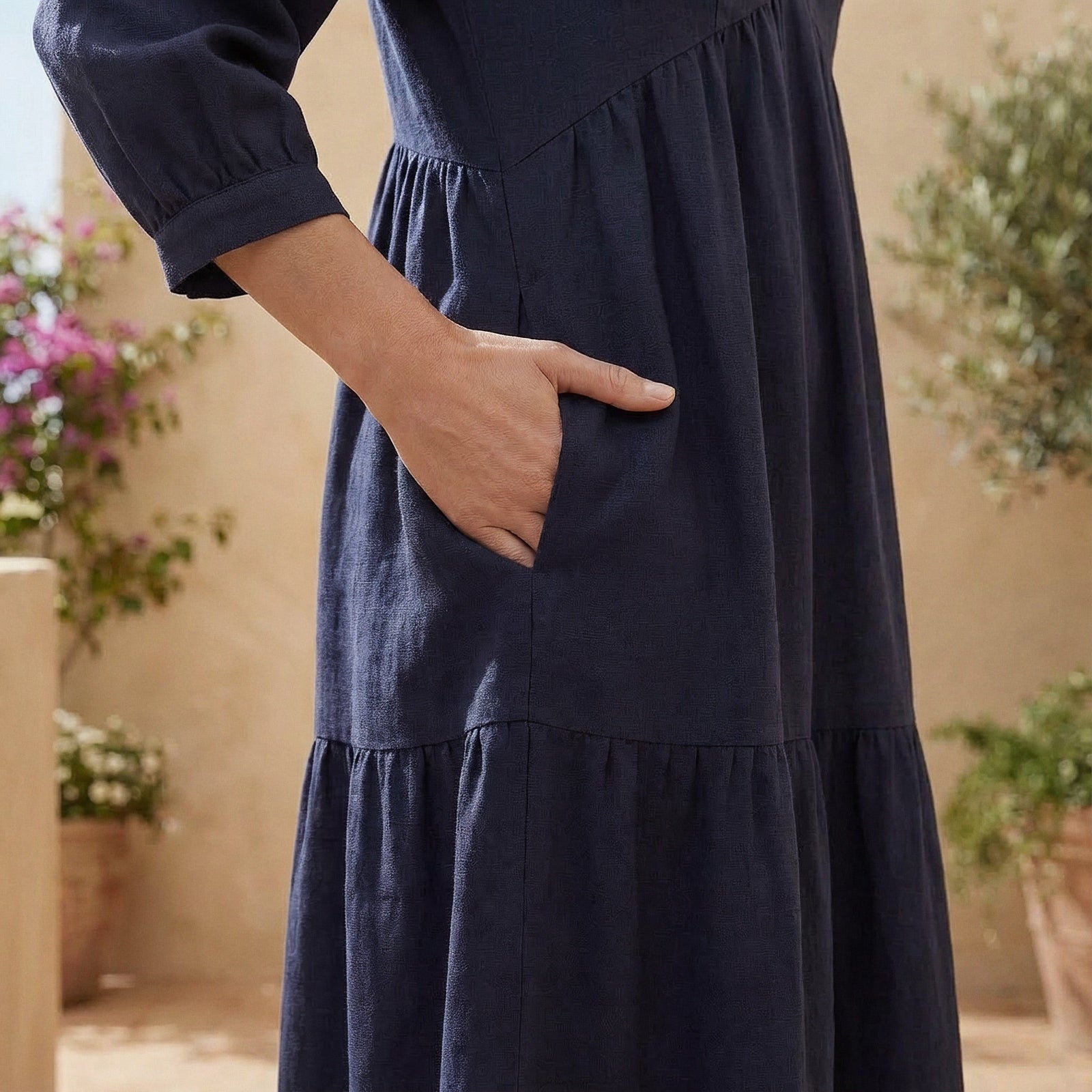 Navy Blue Cotton Flax Deep-V Maxi Tier Dress 66