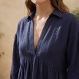 Navy Blue Cotton Flax Deep-V Maxi Tier Dress