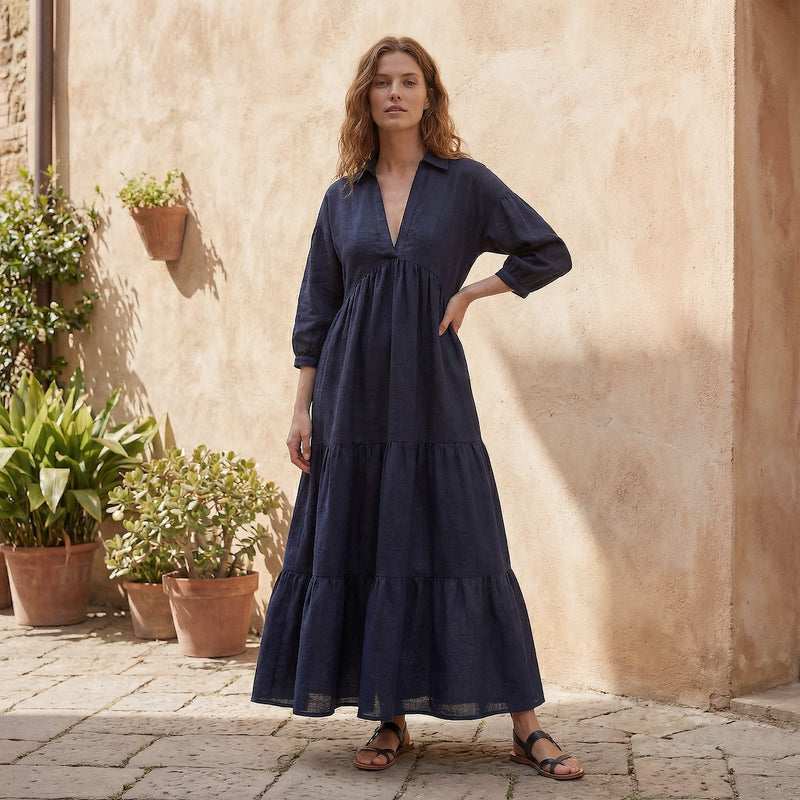 Navy Blue Cotton Flax Deep-V Maxi Tier Dress 66