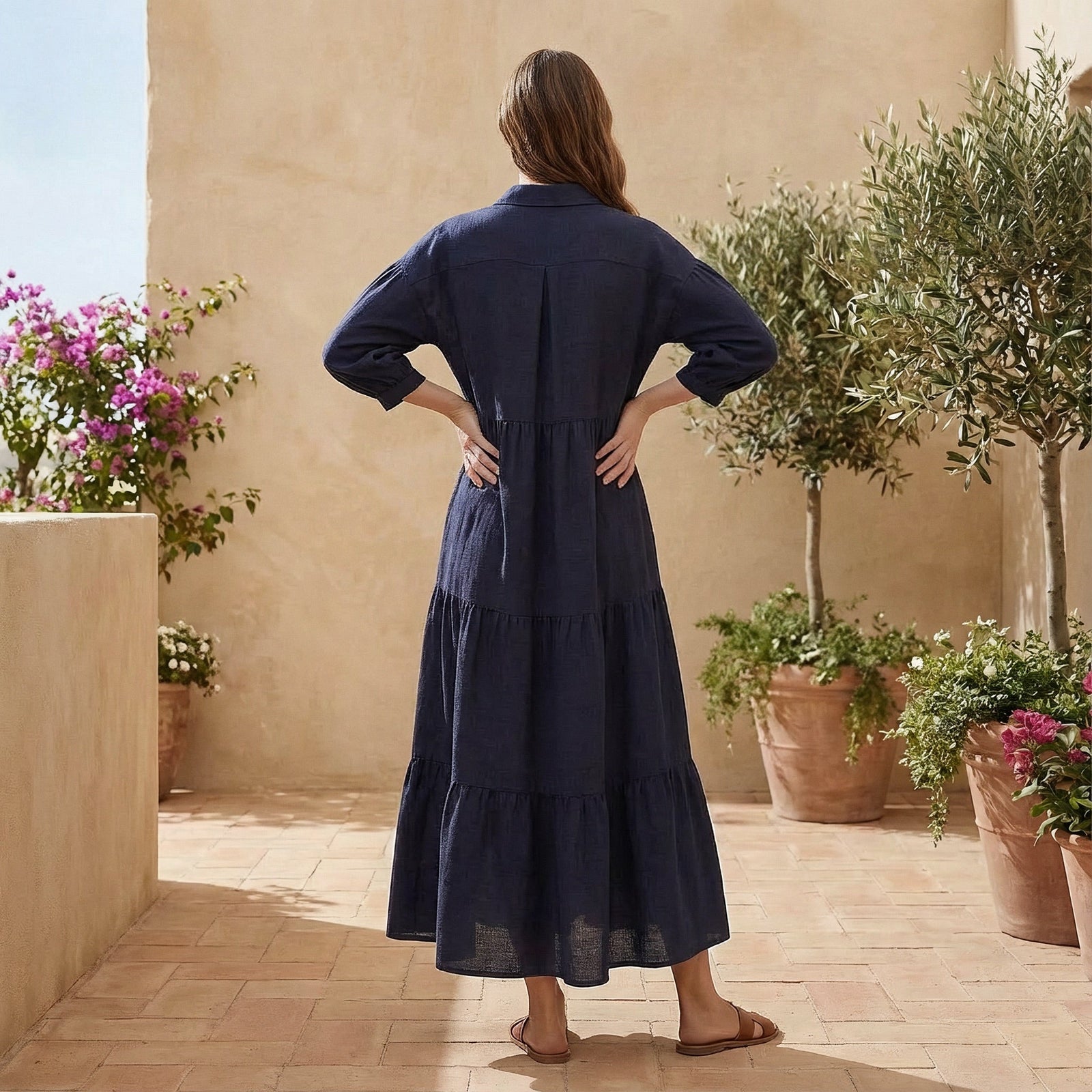 Buy Navy Blue Cotton Flax Deep-V Maxi Tier Dress Online at