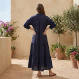 Navy Blue Cotton Flax Deep-V Maxi Tier Dress