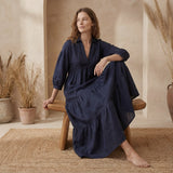 Navy Blue Cotton Flax Deep-V Maxi Tier Dress