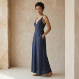 Navy Blue Cotton Flax Deep V-Neck Cami Maxi Dress